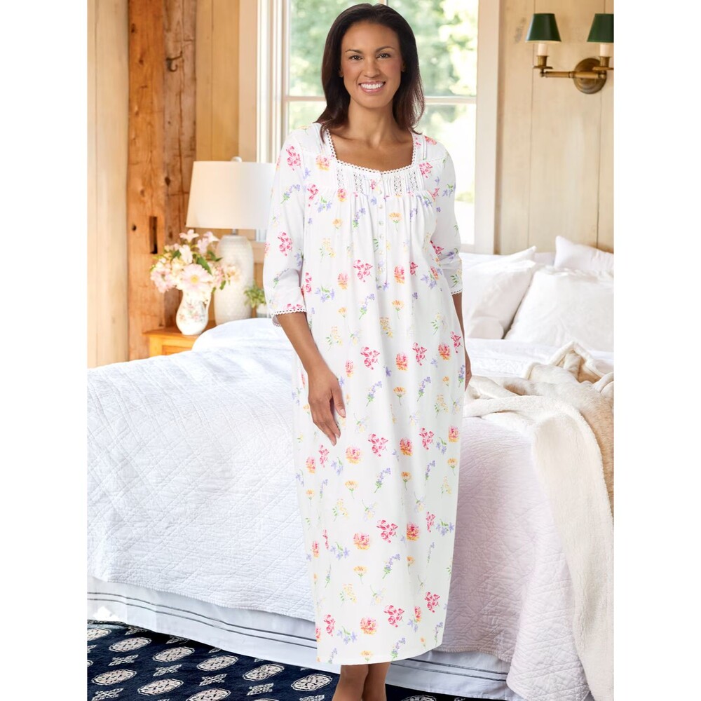Lanz of Salzburg Tossed Floral Cotton Knit Long Nightgown Plus size 3x white